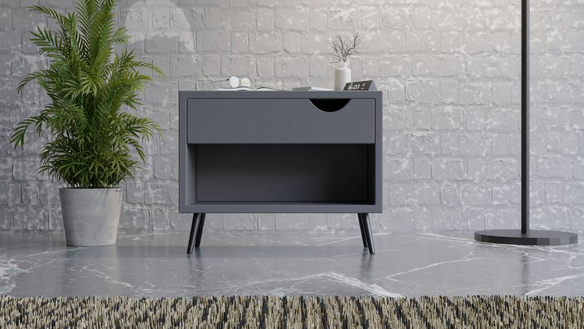 Modern wooden nightstands furniture row aligned beside a king-sized bed with consistent height, spacing, and matching hardware